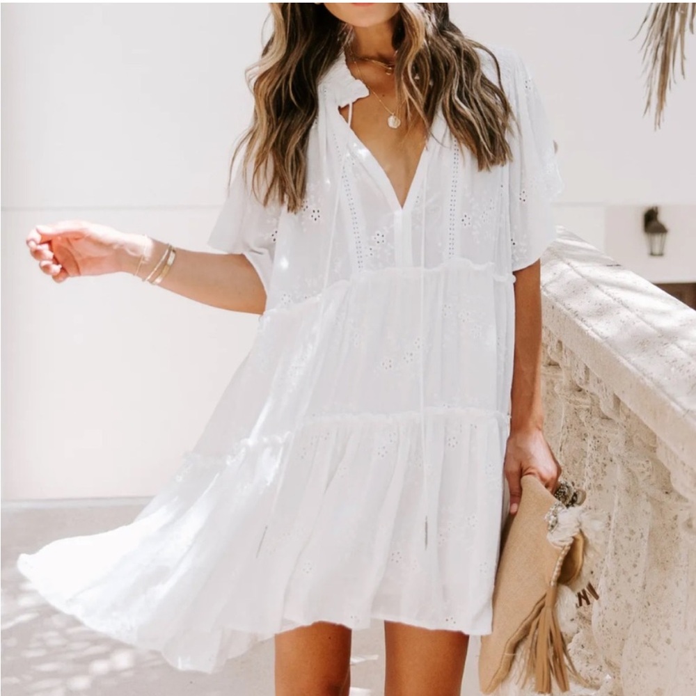 VICI Yolanda Cotton Eyelet Tiered Babydoll Mini Dress